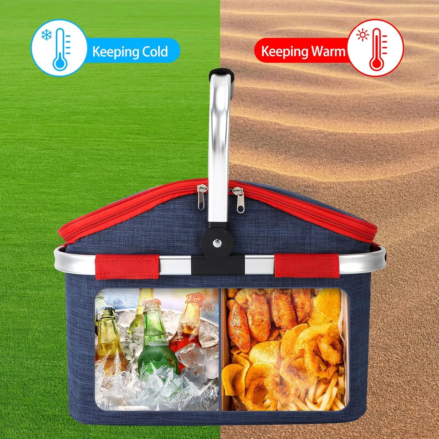 Foldable Picnic Basket Insulated, Large Shopping Bag with Handle and Lid, Reusable Leakproof Cooler Bag for Family Outdoor Lunch BBQ Travel Camping Grocery Beach(Blue, 9.1x16.5x15.7in)