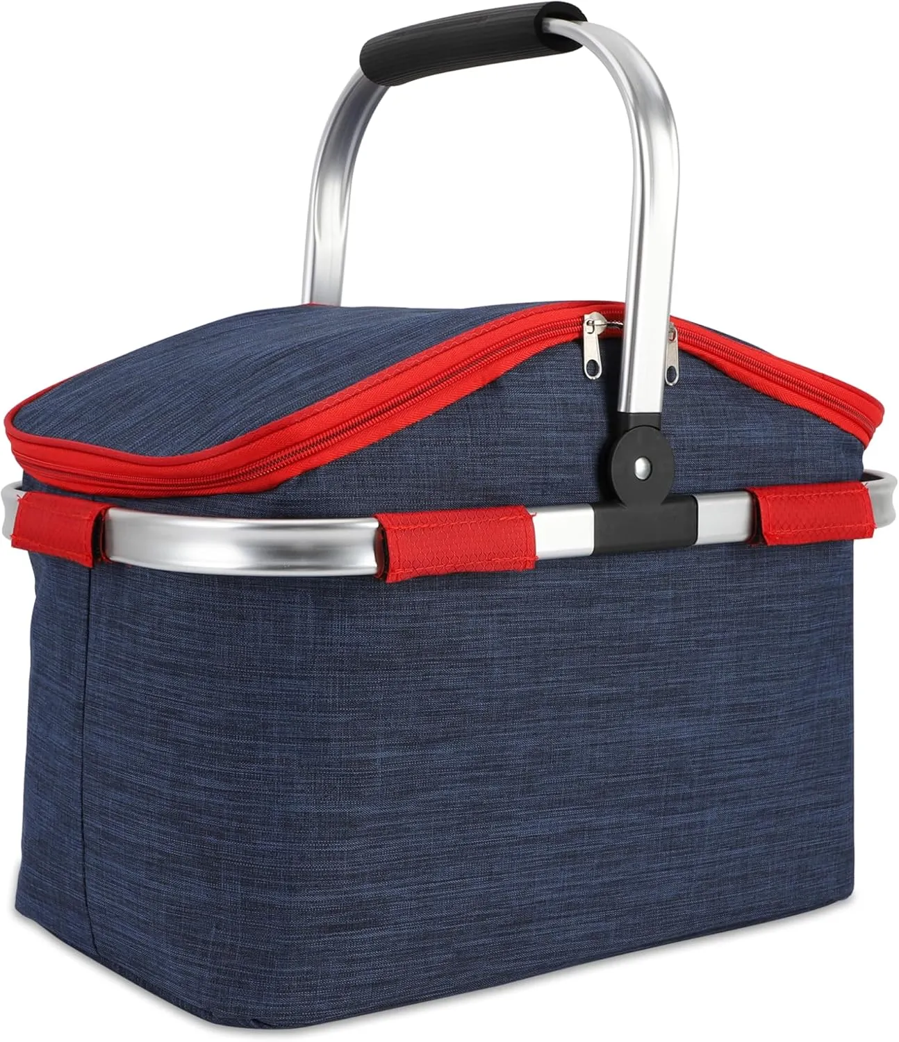 Foldable Picnic Basket Insulated, Large Shopping Bag with Handle and Lid, Reusable Leakproof Cooler Bag for Family Outdoor Lunch BBQ Travel Camping Grocery Beach(Blue, 9.1x16.5x15.7in)