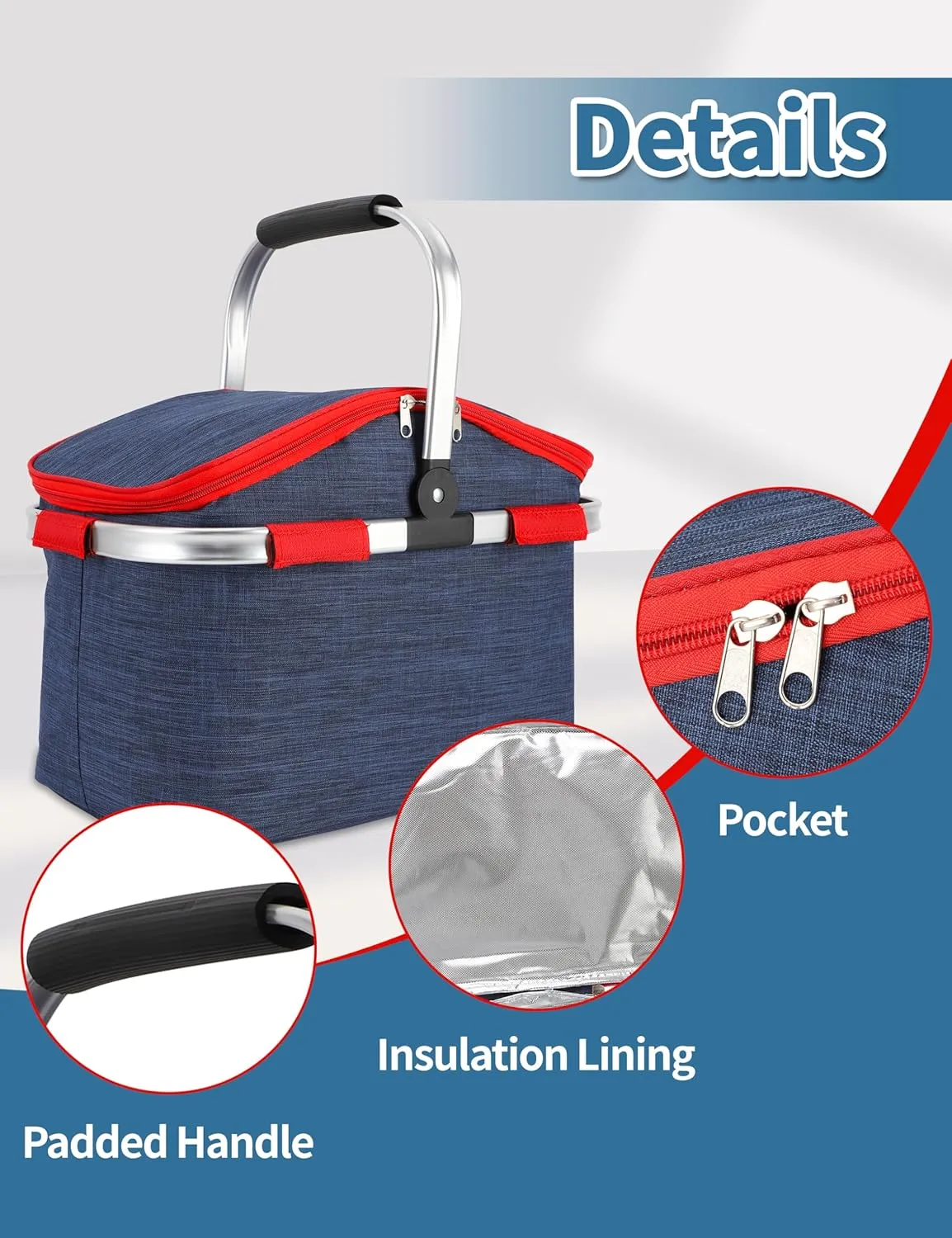 Foldable Picnic Basket Insulated, Large Shopping Bag with Handle and Lid, Reusable Leakproof Cooler Bag for Family Outdoor Lunch BBQ Travel Camping Grocery Beach(Blue, 9.1x16.5x15.7in)