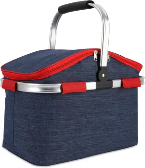 Foldable Picnic Basket Insulated, Large Shopping Bag with Handle and Lid, Reusable Leakproof Cooler Bag for Family Outdoor Lunch BBQ Travel Camping Grocery Beach(Blue, 9.1x16.5x15.7in)