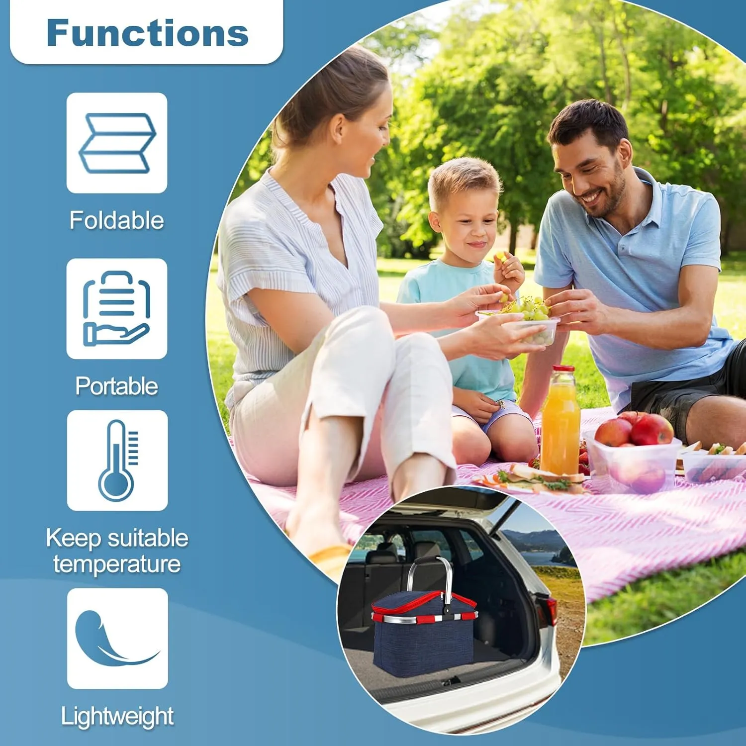 Foldable Picnic Basket Insulated, Large Shopping Bag with Handle and Lid, Reusable Leakproof Cooler Bag for Family Outdoor Lunch BBQ Travel Camping Grocery Beach(Blue, 9.1x16.5x15.7in)