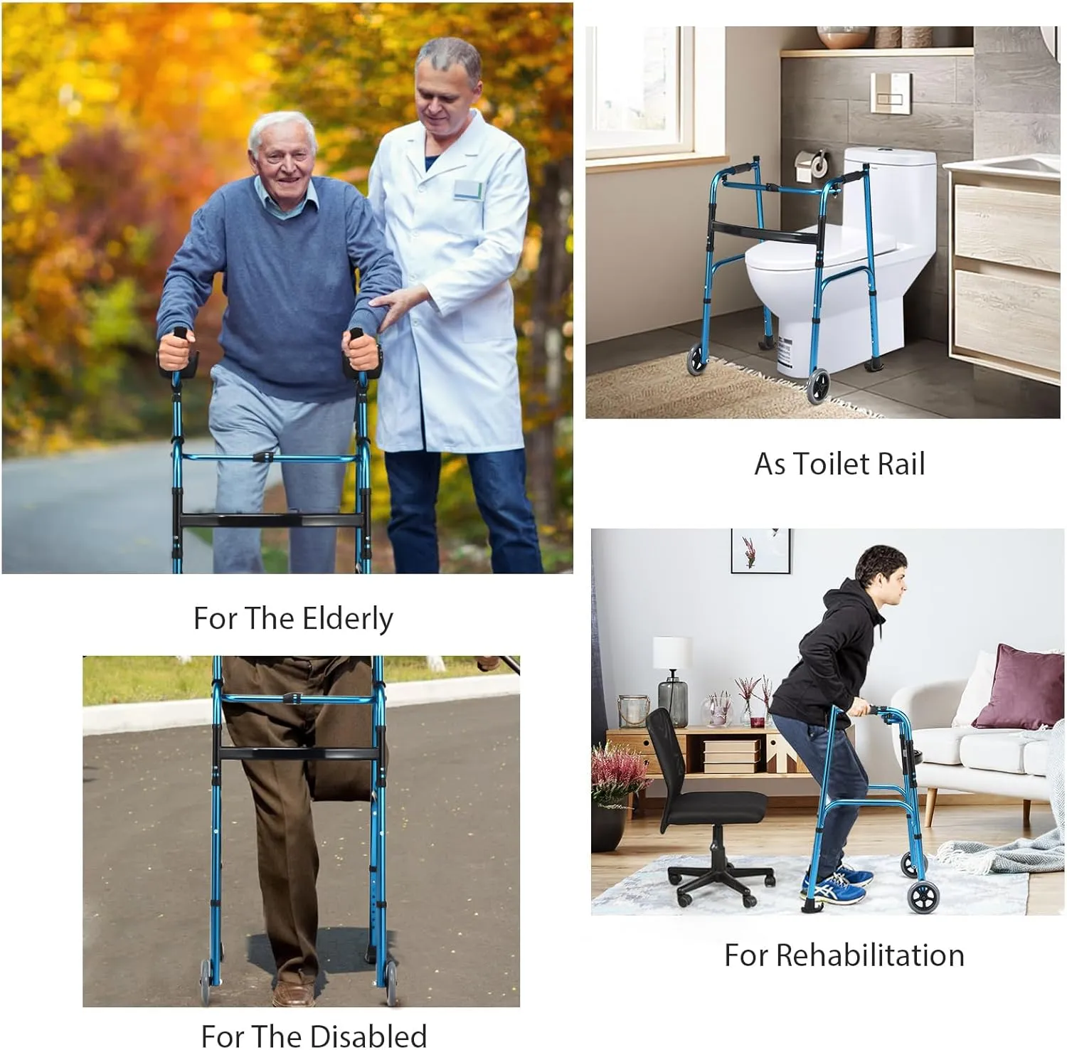 Foldable Platform Walker, Adjustable Walking Aid with 5’’ Wheels & Removable Padded Armrests, Folding Standard Walker for Senior, Elderly, Rehabilitation Auxiliary, No Assembly (Silver)
