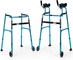 Foldable Platform Walker, Adjustable Walking Aid with 5’’ Wheels & Removable Padded Armrests, Folding Standard Walker for Senior, Elderly, Rehabilitation Auxiliary, No Assembly (Silver)