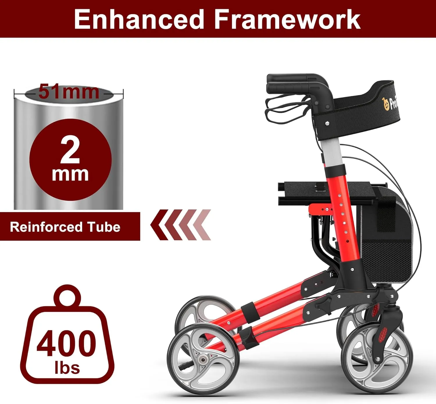 Foldable Rollator Walker with Seat, Standard Height Lightweight Rollator with Large Wheels, Folding Rolling Walker for Seniors, Walker Rollator with Seat, Red