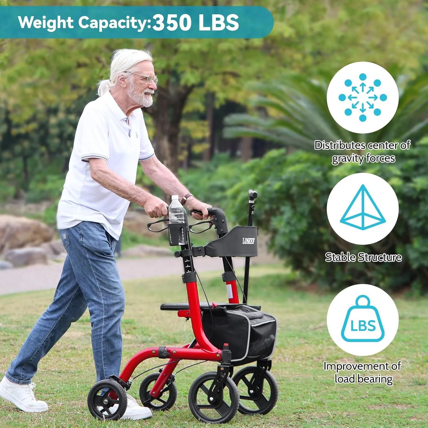 Foldable Rollator Walkers with Seat for Seniors, 10" Big Rubber Wheels All Terrain Rollator Walker with Adjustable Backrest and Handles, 350 Lb, Cup Holder, Lightweight 4 Wheel Walker for Seniors Red