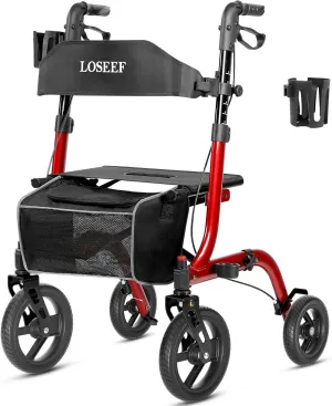 Foldable Rollator Walkers with Seat for Seniors, 10" Big Rubber Wheels All Terrain Rollator Walker with Adjustable Backrest and Handles, 350 Lb, Cup Holder, Lightweight 4 Wheel Walker for Seniors Red