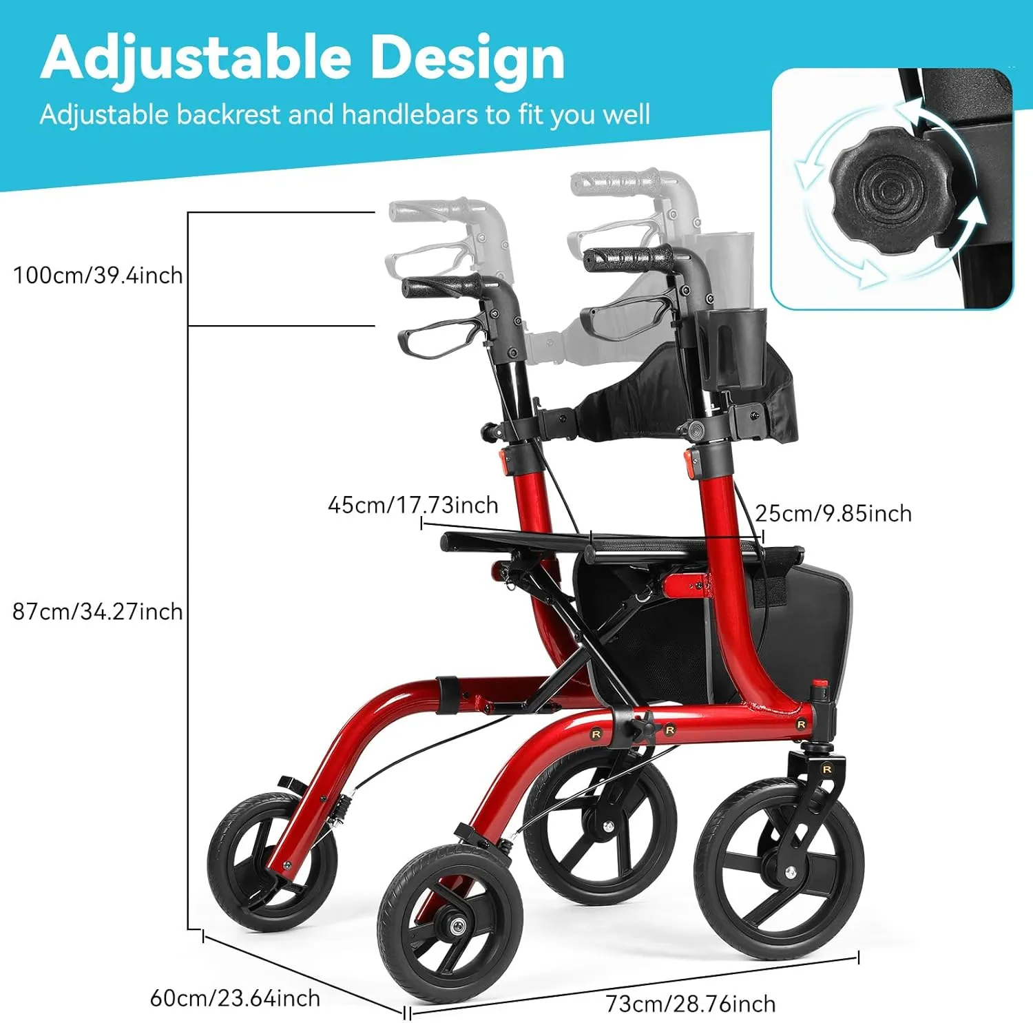 Foldable Rollator Walkers with Seat for Seniors, 10" Big Rubber Wheels All Terrain Rollator Walker with Adjustable Backrest and Handles, 350 Lb, Cup Holder, Lightweight 4 Wheel Walker for Seniors Red