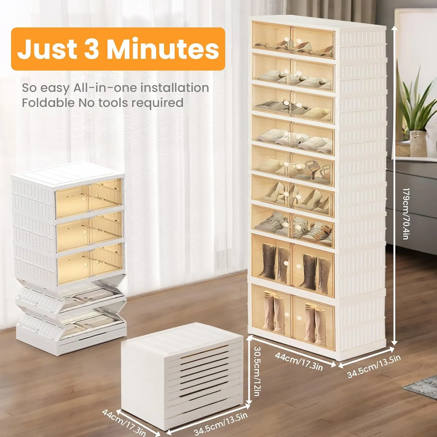 Foldable Shoe Organizer Storage Box, Portable Extra Large Folding Shoe Rack for Closet, Shoe Storage Box with Magnetic Transparent Door and Wheels, 9 Layers 18 Grids with 4 Big Grids