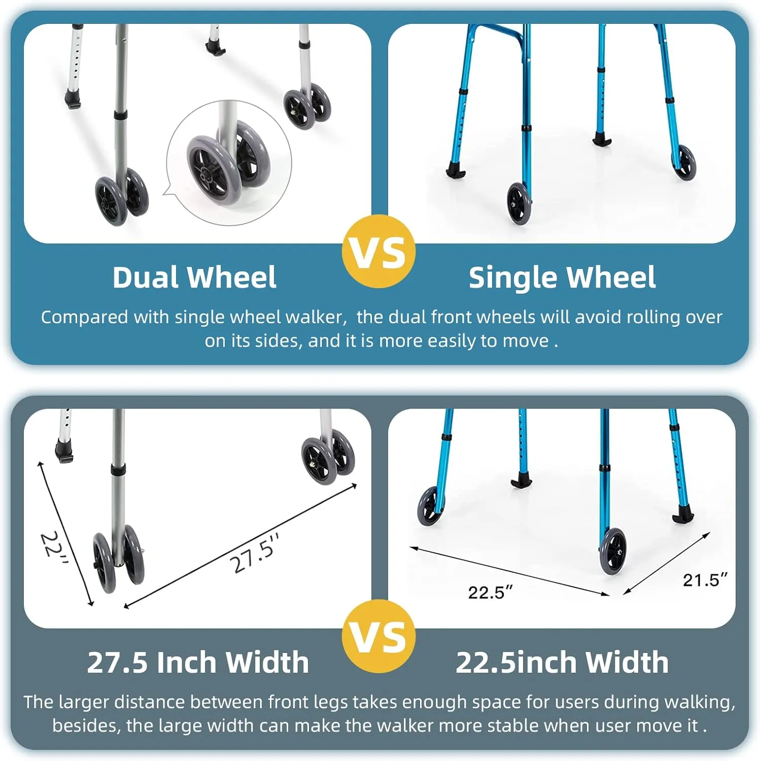 Foldable Stand Up Walker with Armrest Pad - Height Adjustable Aluminum Dual-Wheel Walker, Standard Walkers for Seniors, Elderly, Platform Walkers with Arm Support, Standing Upright Walkers, Silver