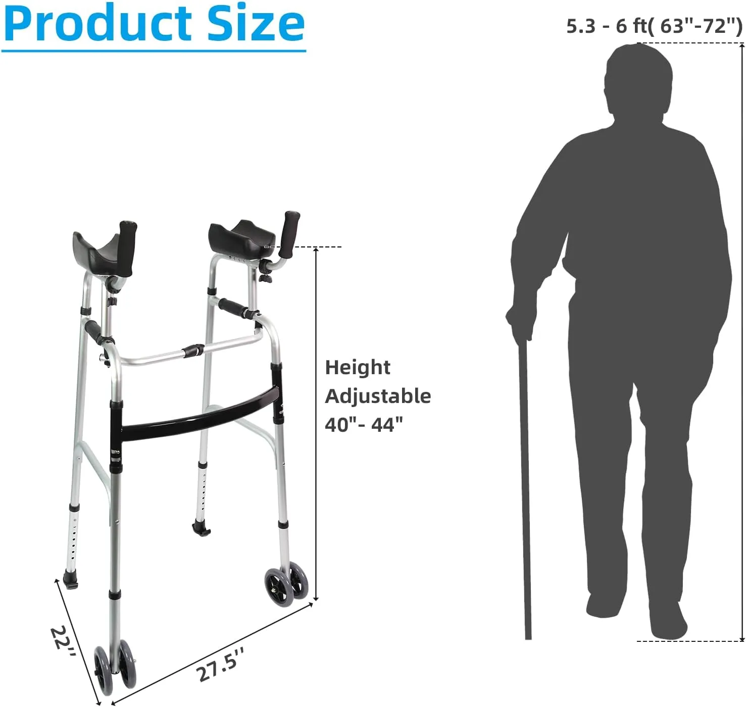Foldable Stand Up Walker with Armrest Pad - Height Adjustable Aluminum Dual-Wheel Walker, Standard Walkers for Seniors, Elderly, Platform Walkers with Arm Support, Standing Upright Walkers, Silver