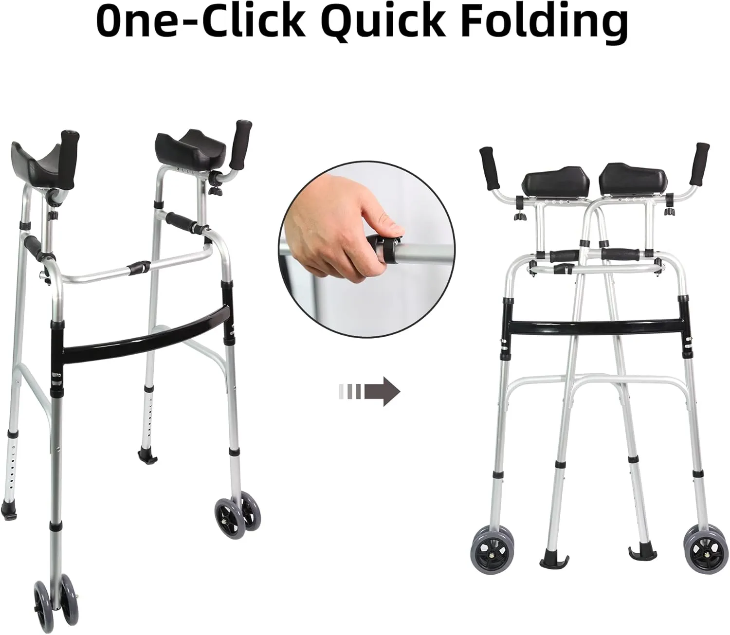 Foldable Stand Up Walker with Armrest Pad - Height Adjustable Aluminum Dual-Wheel Walker, Standard Walkers for Seniors, Elderly, Platform Walkers with Arm Support, Standing Upright Walkers, Silver