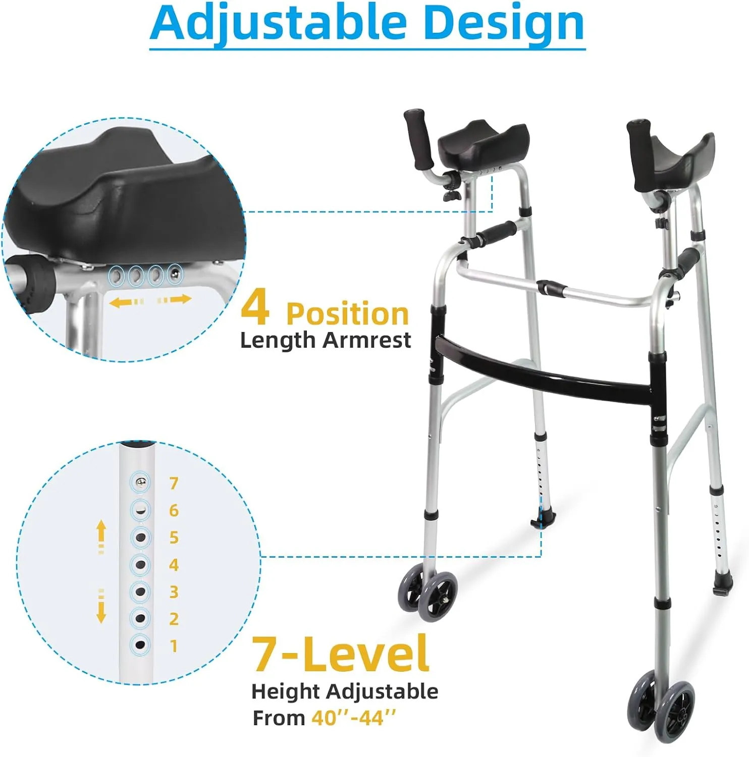 Foldable Stand Up Walker with Armrest Pad - Height Adjustable Aluminum Dual-Wheel Walker, Standard Walkers for Seniors, Elderly, Platform Walkers with Arm Support, Standing Upright Walkers, Silver
