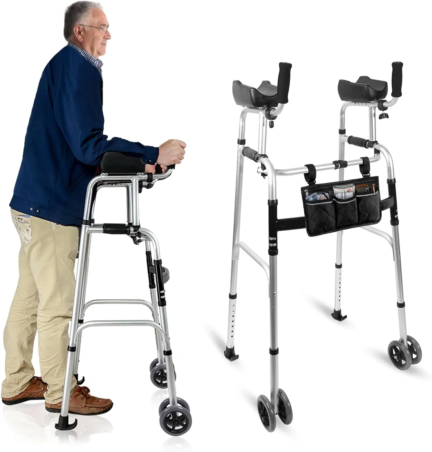 Foldable Stand Up Walker with Armrest Pad - Height Adjustable Aluminum Dual-Wheel Walker, Standard Walkers for Seniors, Elderly, Platform Walkers with Arm Support, Standing Upright Walkers, Silver