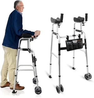 Foldable Stand Up Walker with Armrest Pad - Height Adjustable Aluminum Dual-Wheel Walker, Standard Walkers for Seniors, Elderly, Platform Walkers with Arm Support, Standing Upright Walkers, Silver