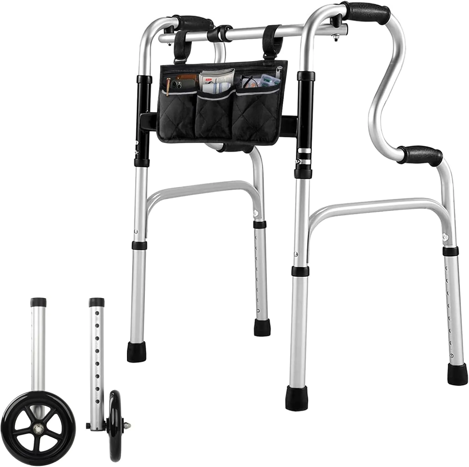 Foldable Walkers for Seniors - Aluminum Stepped Handrail Walker, Height Adjustable Walkers for Seniors, Lightweight Folding Walkers, 2 Wheels with Bearings Available as an Option, Silver