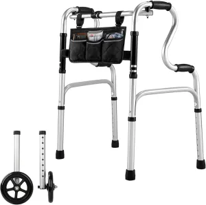 Foldable Walkers for Seniors - Aluminum Stepped Handrail Walker, Height Adjustable Walkers for Seniors, Lightweight Folding Walkers, 2 Wheels with Bearings Available as an Option, Silver