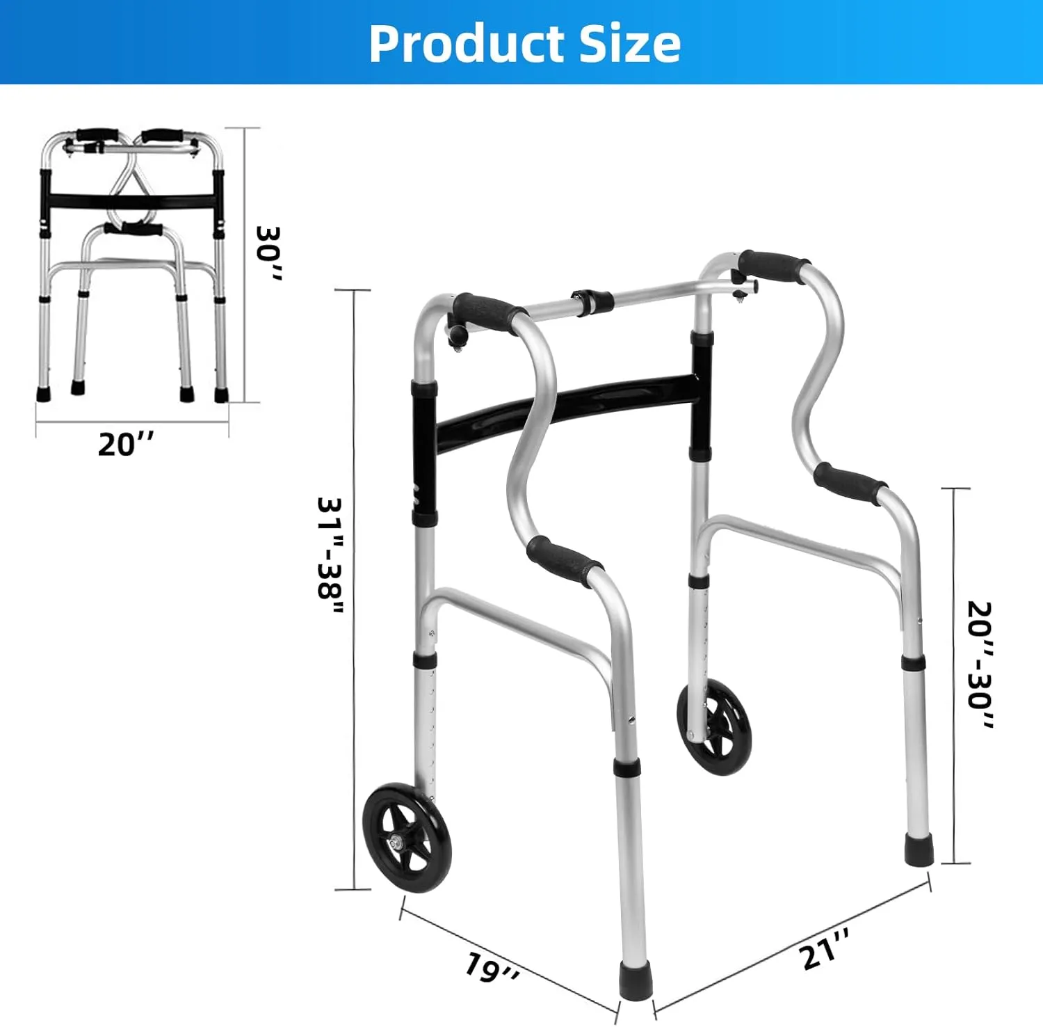 Foldable Walkers for Seniors - Aluminum Stepped Handrail Walker, Height Adjustable Walkers for Seniors, Lightweight Folding Walkers, 2 Wheels with Bearings Available as an Option, Silver