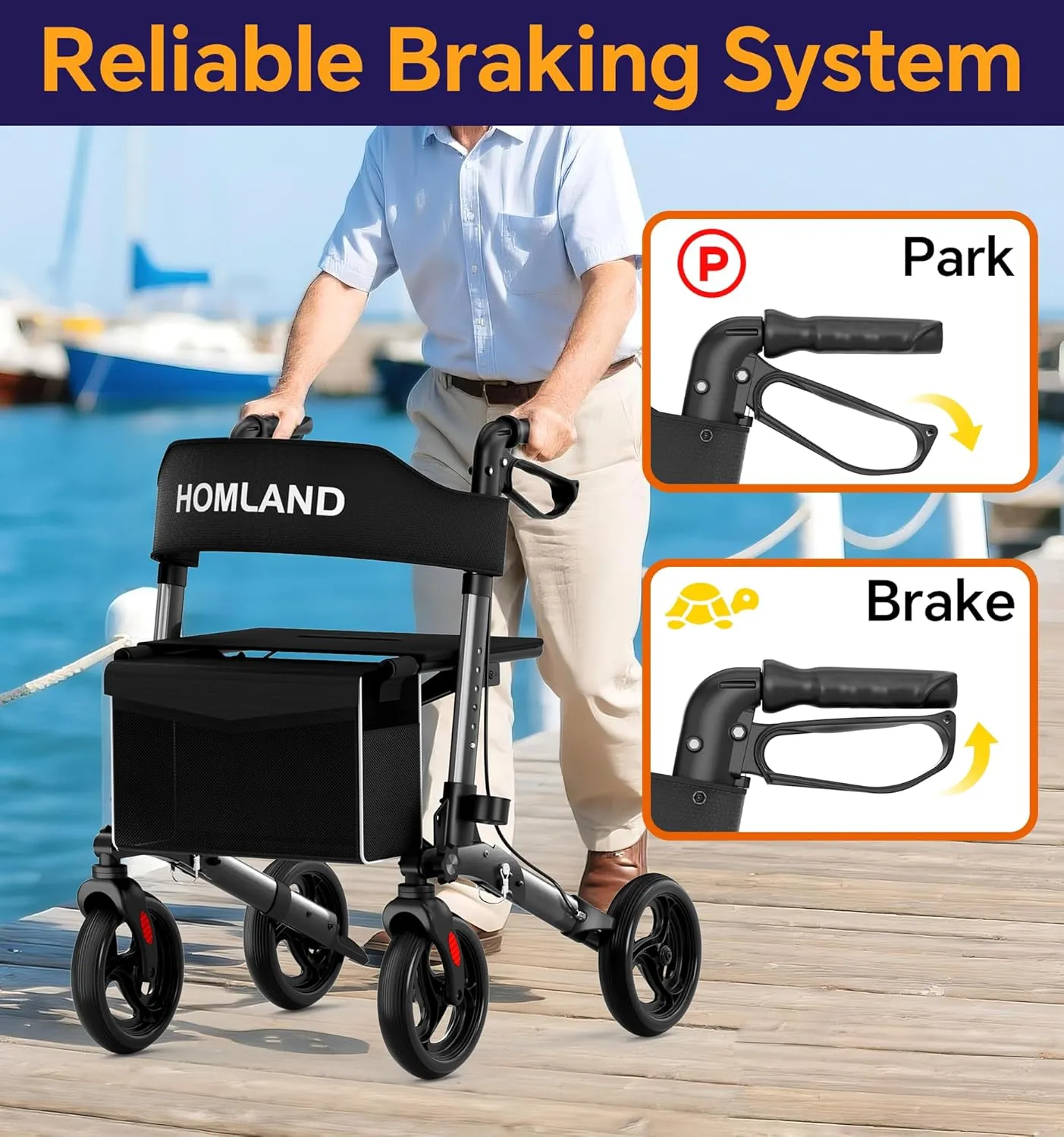 Foldable Walkers for Seniors with Seat, Height Adjustable Rollator Walker, 8" Big Wheels Rolling Walker for All Terrain, Aluminum Lightweight Walker.