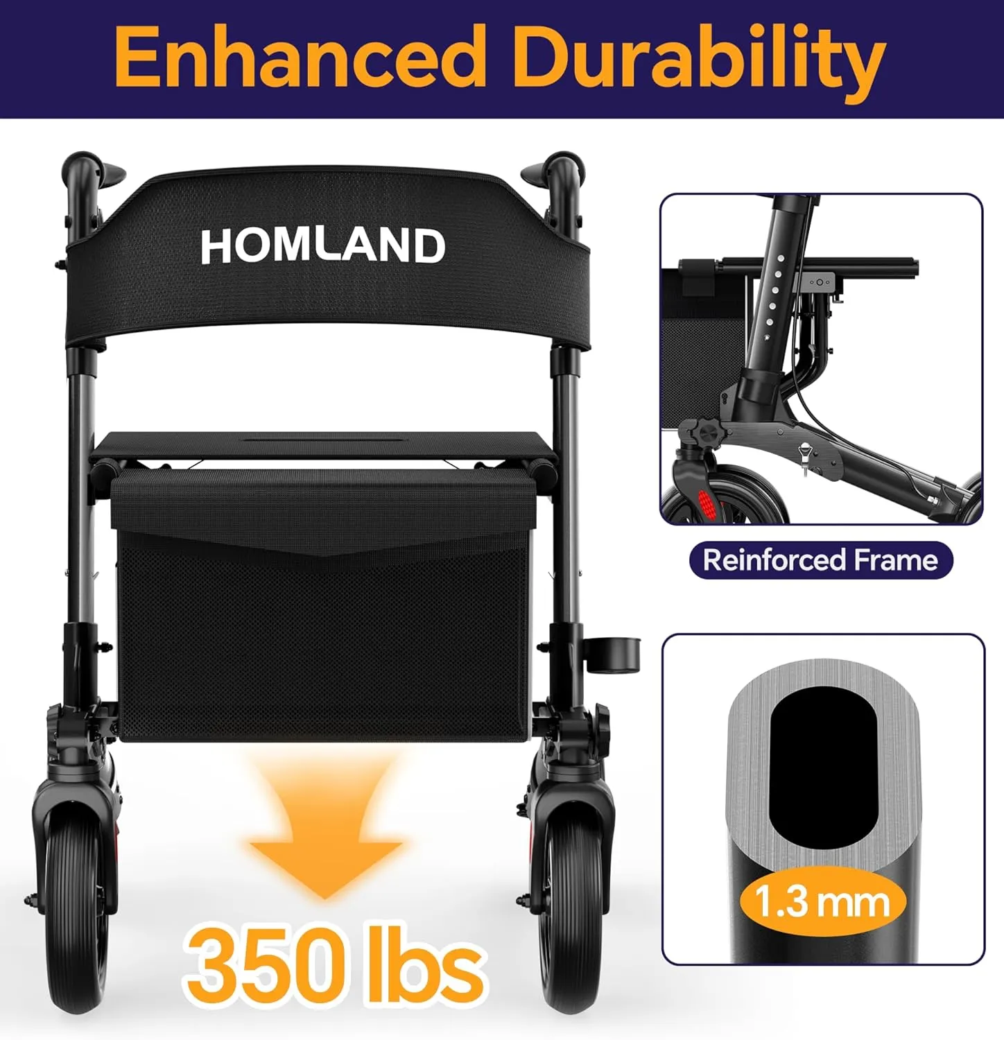 Foldable Walkers for Seniors with Seat, Height Adjustable Rollator Walker, 8" Big Wheels Rolling Walker for All Terrain, Aluminum Lightweight Walker.