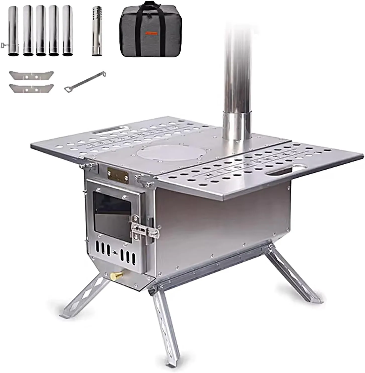 Foldable Wood Stove Camping Portable, Tent Stoves Wood Burning, Thick Stainless Steel Stove, Removable Legs Shelf Chimney Pipe for Cooking and Heating