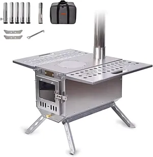 Foldable Wood Stove Camping Portable, Tent Stoves Wood Burning, Thick Stainless Steel Stove, Removable Legs Shelf Chimney Pipe for Cooking and Heating