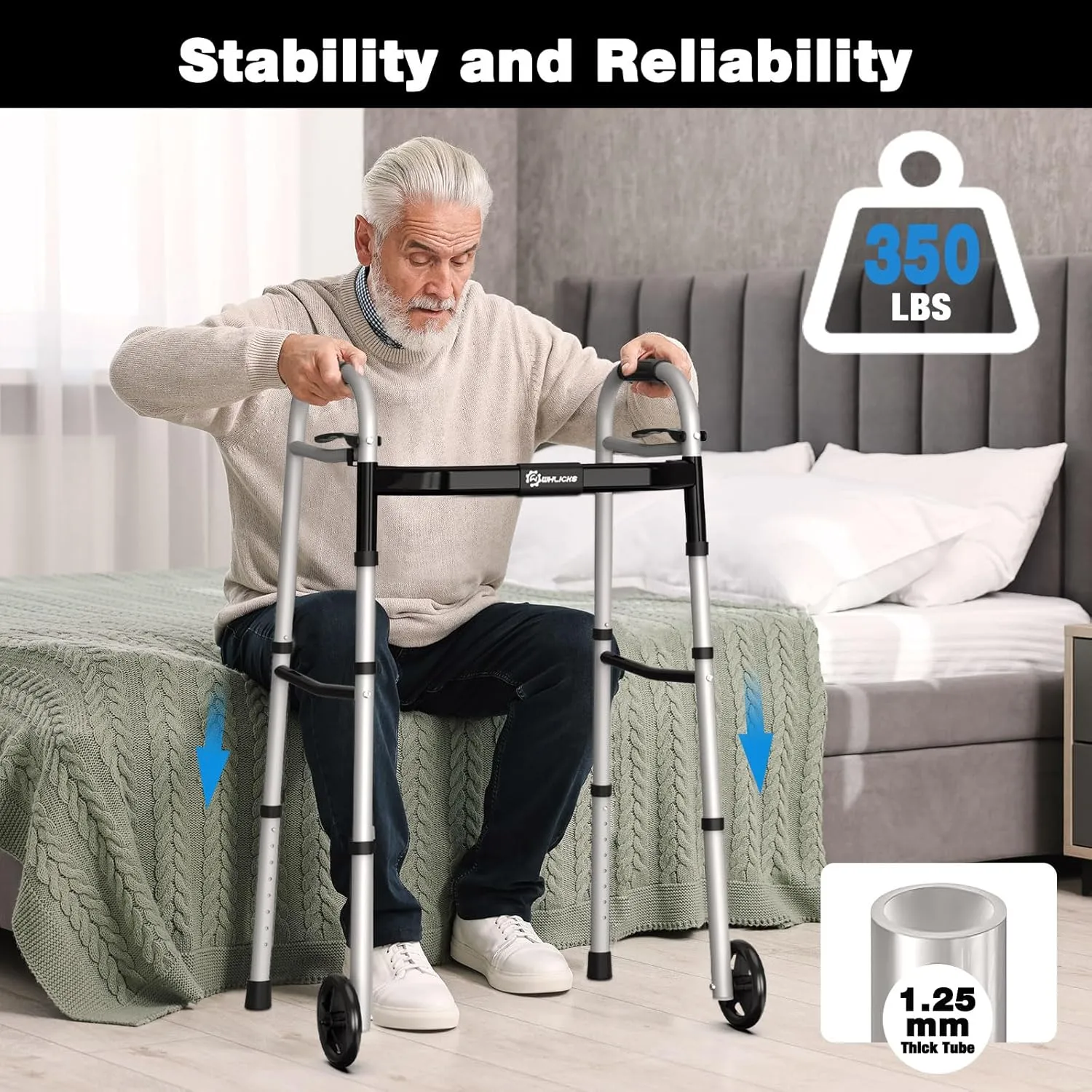 Folder Walker for Seniors,Aluminum Lightweight Walkers with Wheels, Adjustable Width and Height Folding Walker for Elderly and Disabled, Supports up to 350 lbs
