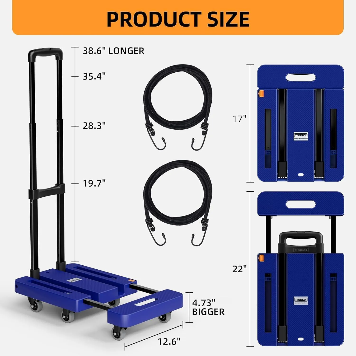 Folding Hand Truck, 500 LB Heavy Duty Luggage Cart, Utility Dolly Platform Cart with 6 Wheels & 2 Elastic Ropes for Luggage, Travel, Moving, Shopping, Office Use, Blue