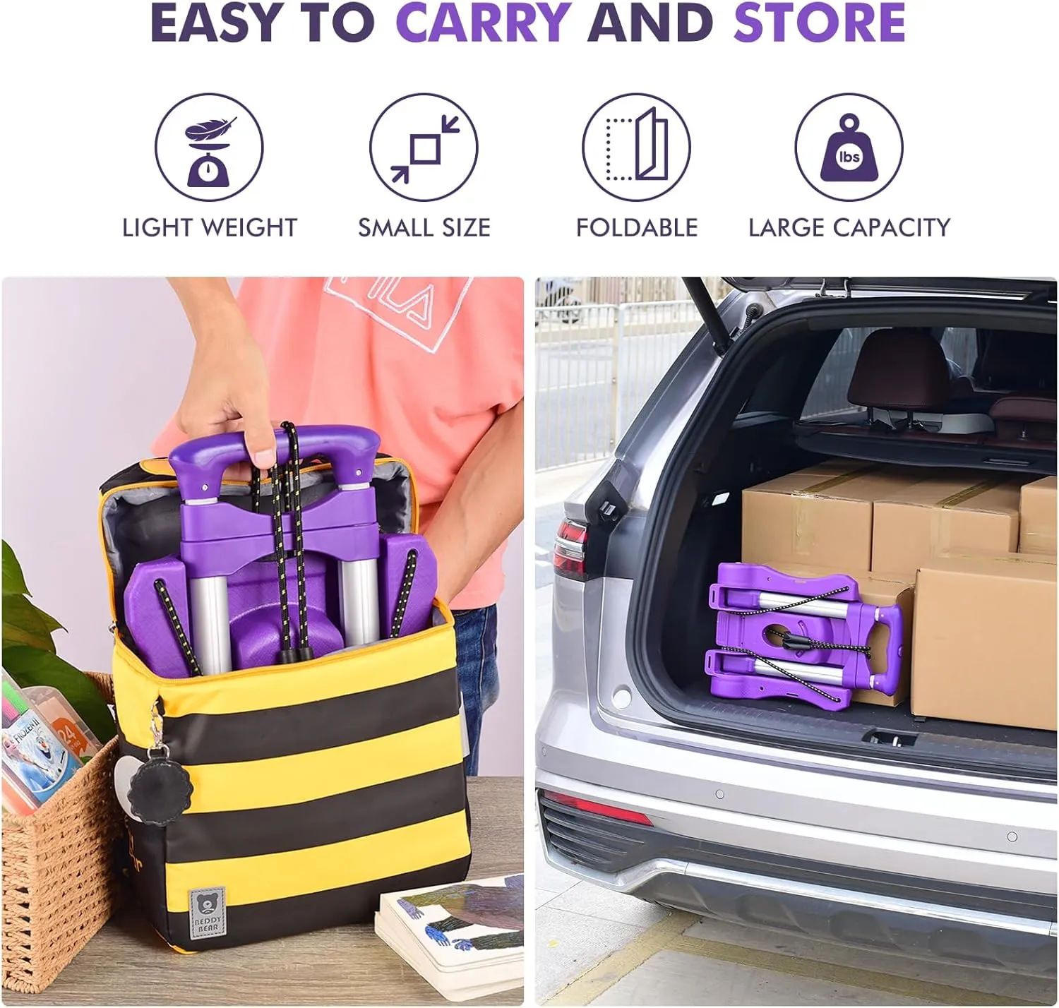 Folding Hand Truck, Heavy Duty Luggage Cart, Utility Dolly Platform Cart with 4 Wheels and 2 Elastic Ropes for Luggage, Travel, Moving, Shopping, Office Use (110LB, Purple)