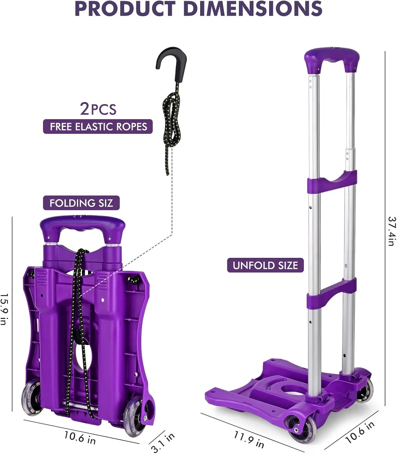 Folding Hand Truck, Heavy Duty Luggage Cart, Utility Dolly Platform Cart with 4 Wheels and 2 Elastic Ropes for Luggage, Travel, Moving, Shopping, Office Use (110LB, Purple)