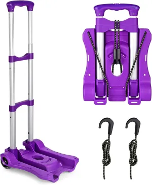 Folding Hand Truck, Heavy Duty Luggage Cart, Utility Dolly Platform Cart with 4 Wheels and 2 Elastic Ropes for Luggage, Travel, Moving, Shopping, Office Use (110LB, Purple)