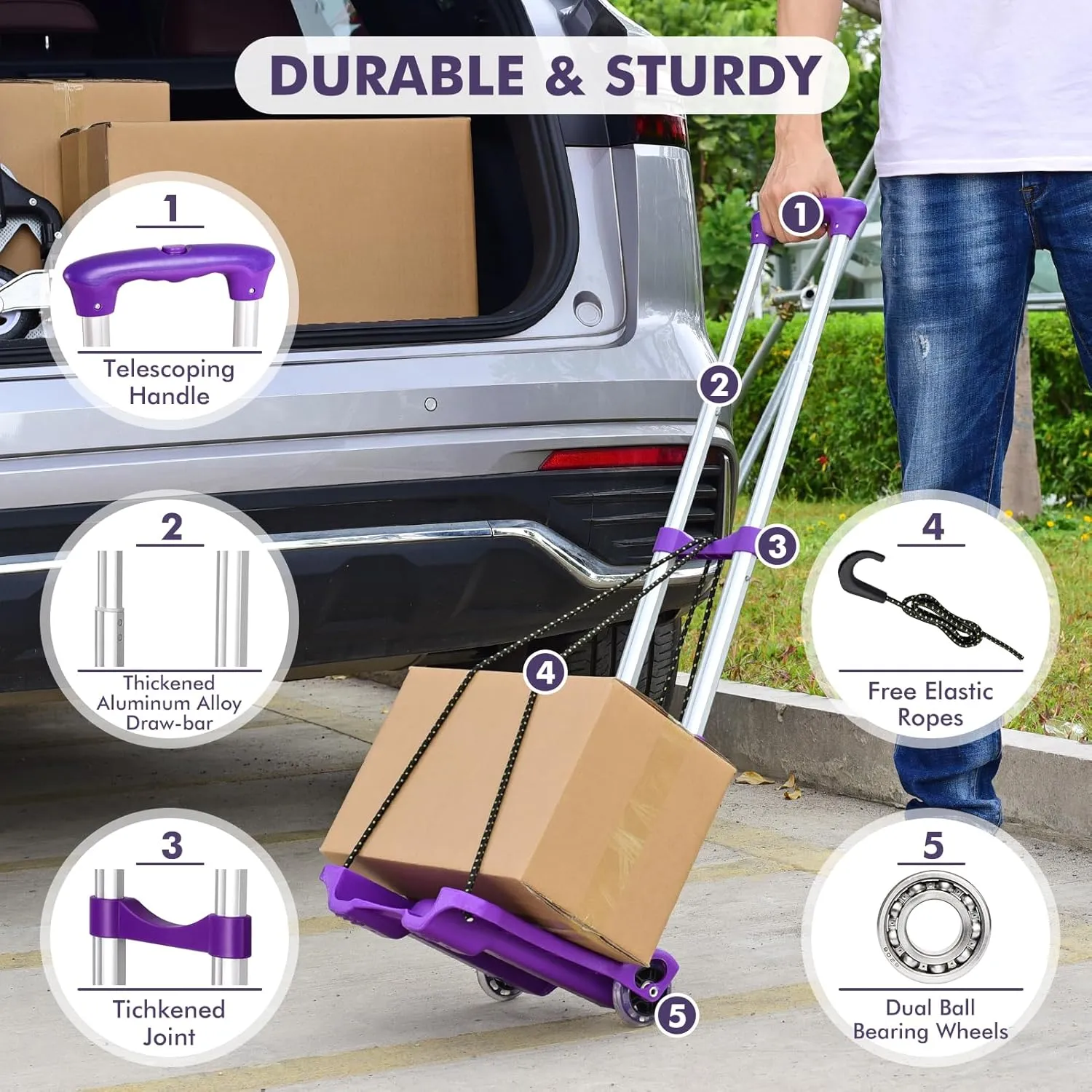 Folding Hand Truck, Heavy Duty Luggage Cart, Utility Dolly Platform Cart with 4 Wheels and 2 Elastic Ropes for Luggage, Travel, Moving, Shopping, Office Use (110LB, Purple)