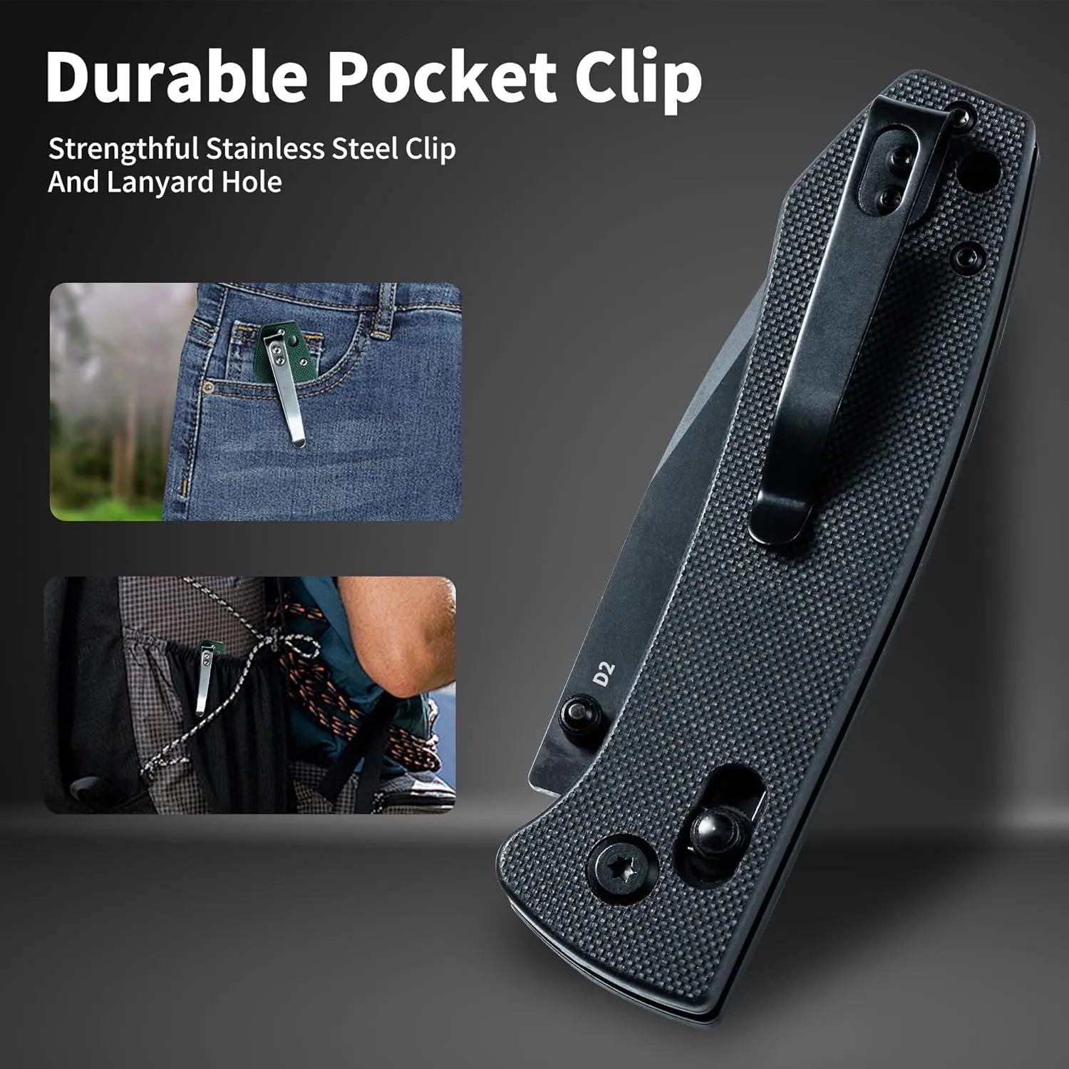 Folding Pocket Knife - Small EDC Pocket Knife with Axis Lock - 3.43" D2 Steel Blade, Sharp Camping Hiking Knife with Pocket Clip, Unique Tool Gift for Men FT2103-BKB