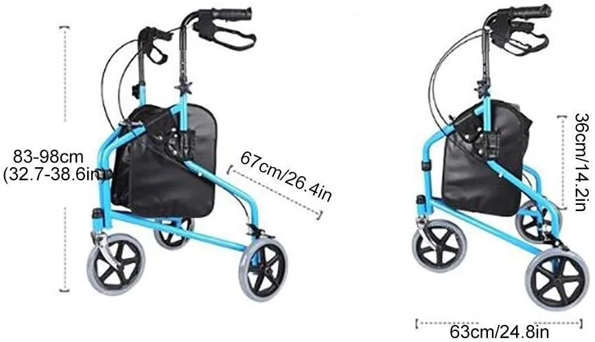 Folding Rollator 3 Big Wheels Rollator Walker for Elderly Adult,Portable Folding Step Assist with Handbrakes& Bag,8 Inch Wheels,Lightweight/Outdoor/Indoor,Red