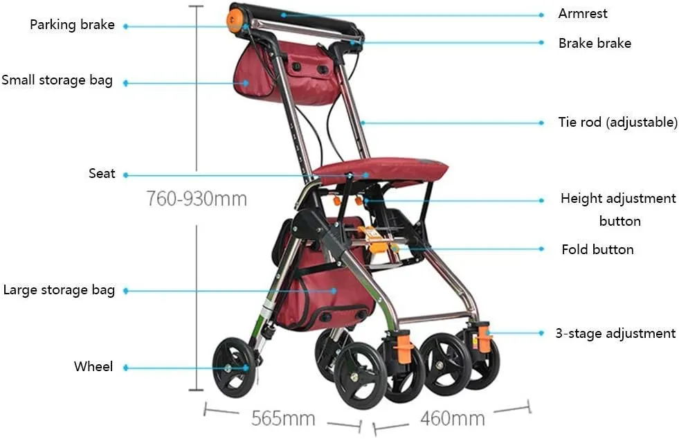Folding Rollator 4 Wheel Rollator Walker Lightweight Folding with Padded Seat Lockable Brakes Ergonomic Handles and Carry Bag Mobility Aid for Adult Senior Elderly (Red)
