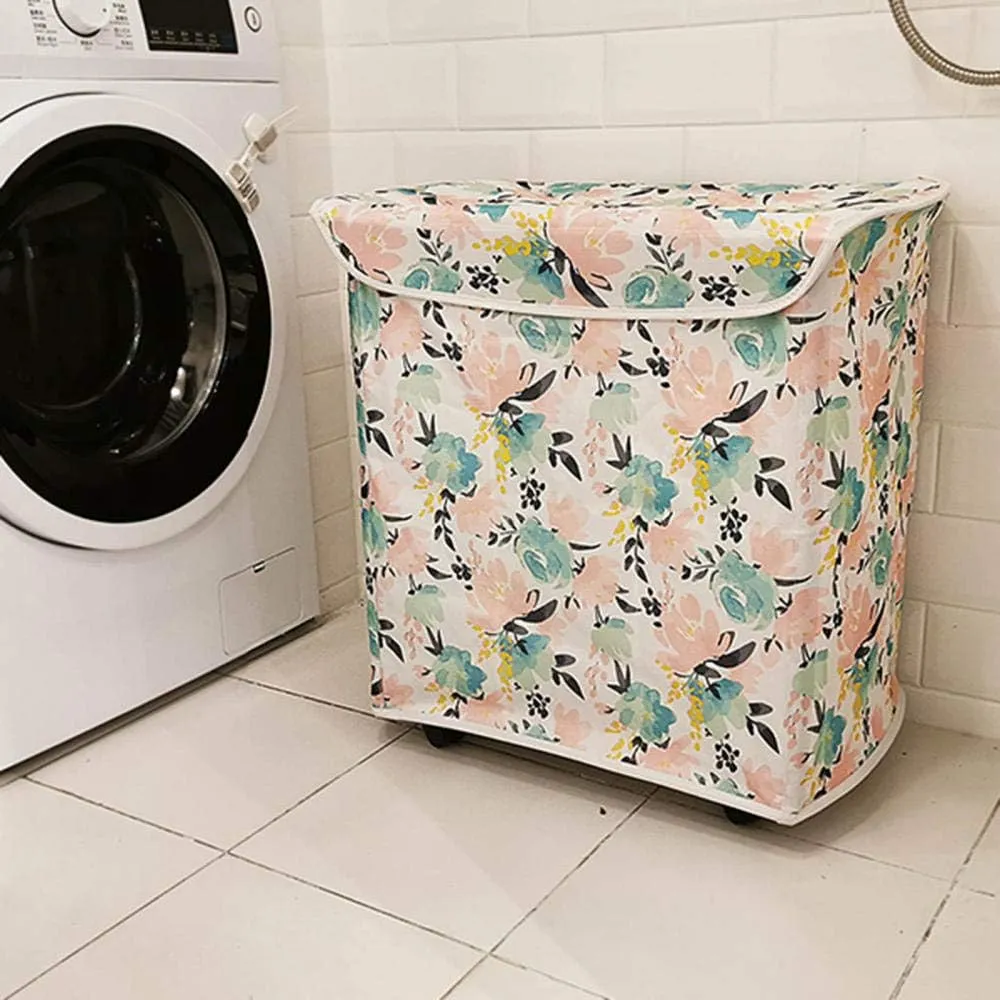 folding triple laundry hamper on wheels with lid washing basket large with handle for bedroom bathroom-color Laundry Hamper Dirty Clothes Bag