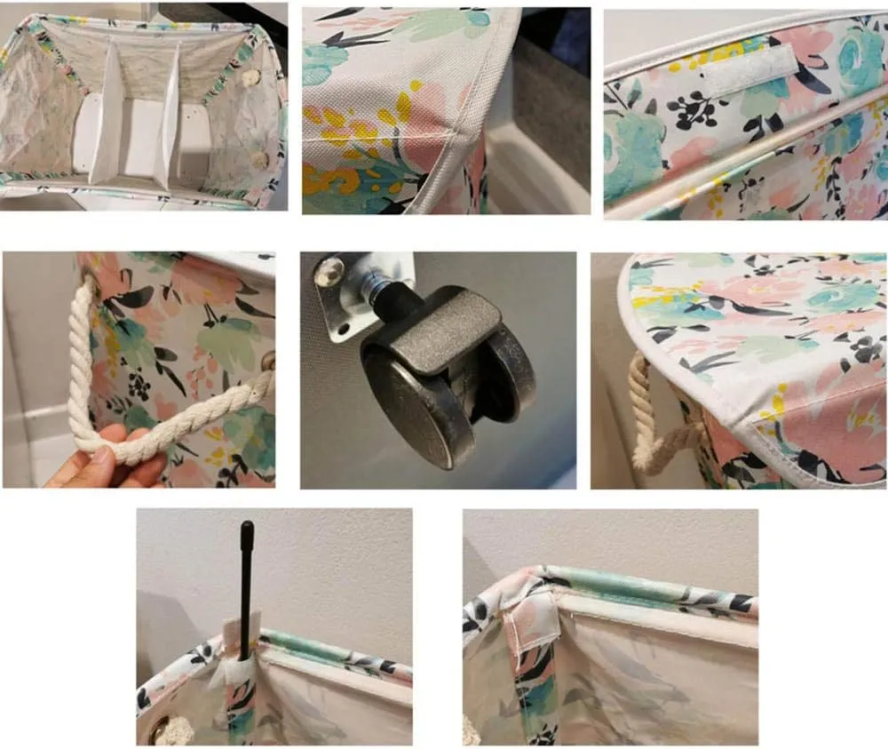 folding triple laundry hamper on wheels with lid washing basket large with handle for bedroom bathroom-color Laundry Hamper Dirty Clothes Bag