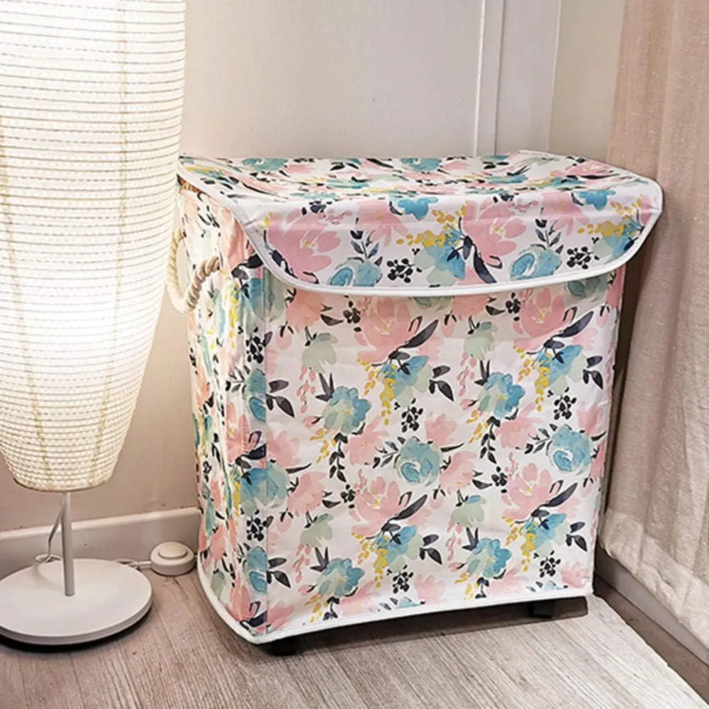 folding triple laundry hamper on wheels with lid washing basket large with handle for bedroom bathroom-color Laundry Hamper Dirty Clothes Bag