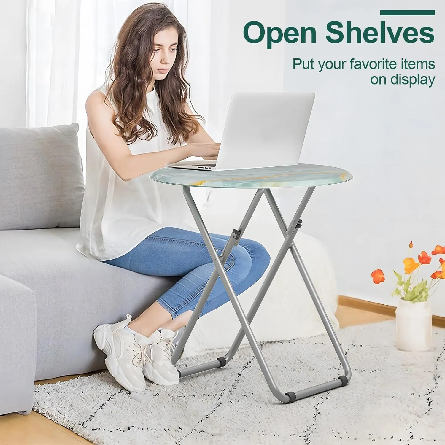 Folding TV Trays, Round Tray Table, Small Foldable Table with Light Weight, Portable Dinner Table for Eating, Snack Side Trays Table, 17.5 x 17.5 x 26 in (Ocean Blue Marble)