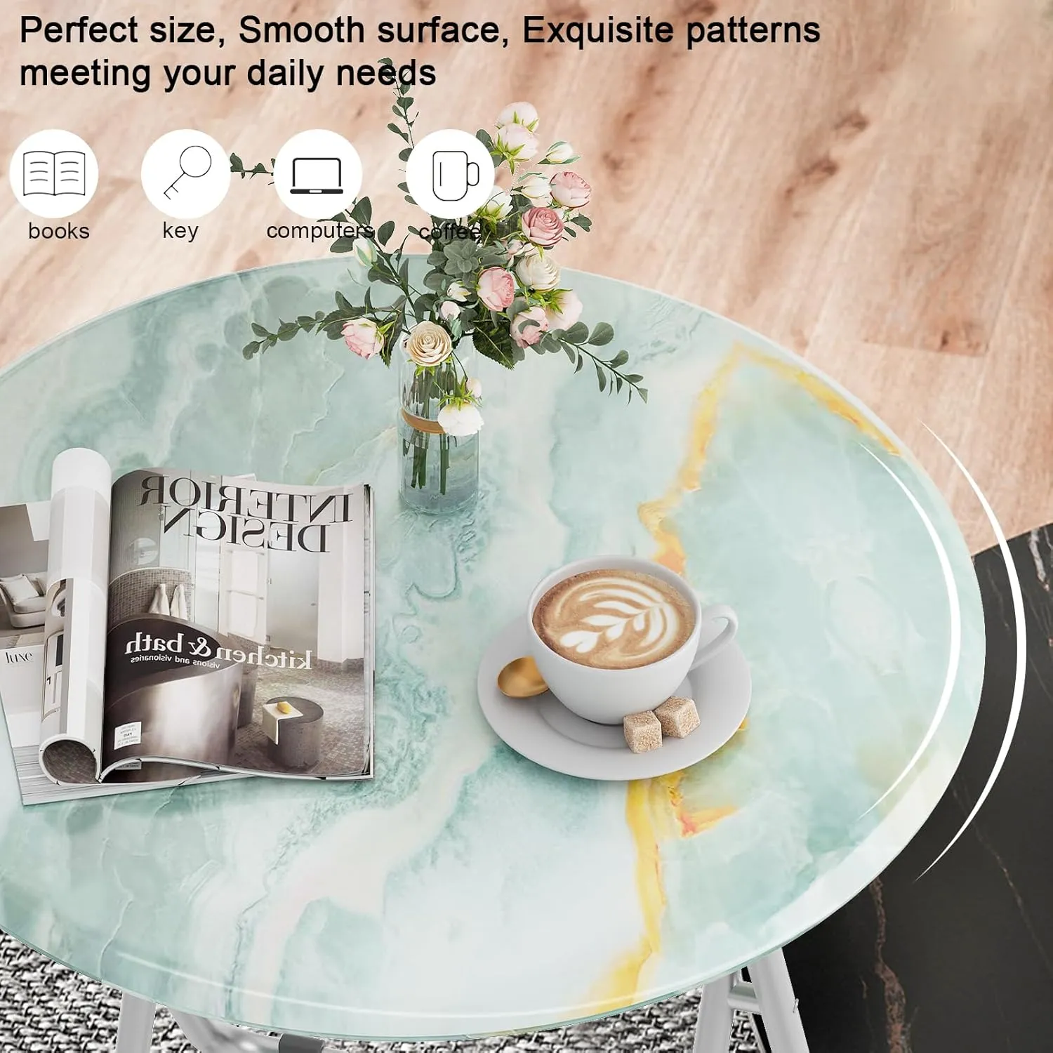 Folding TV Trays, Round Tray Table, Small Foldable Table with Light Weight, Portable Dinner Table for Eating, Snack Side Trays Table, 17.5 x 17.5 x 26 in (Ocean Blue Marble)
