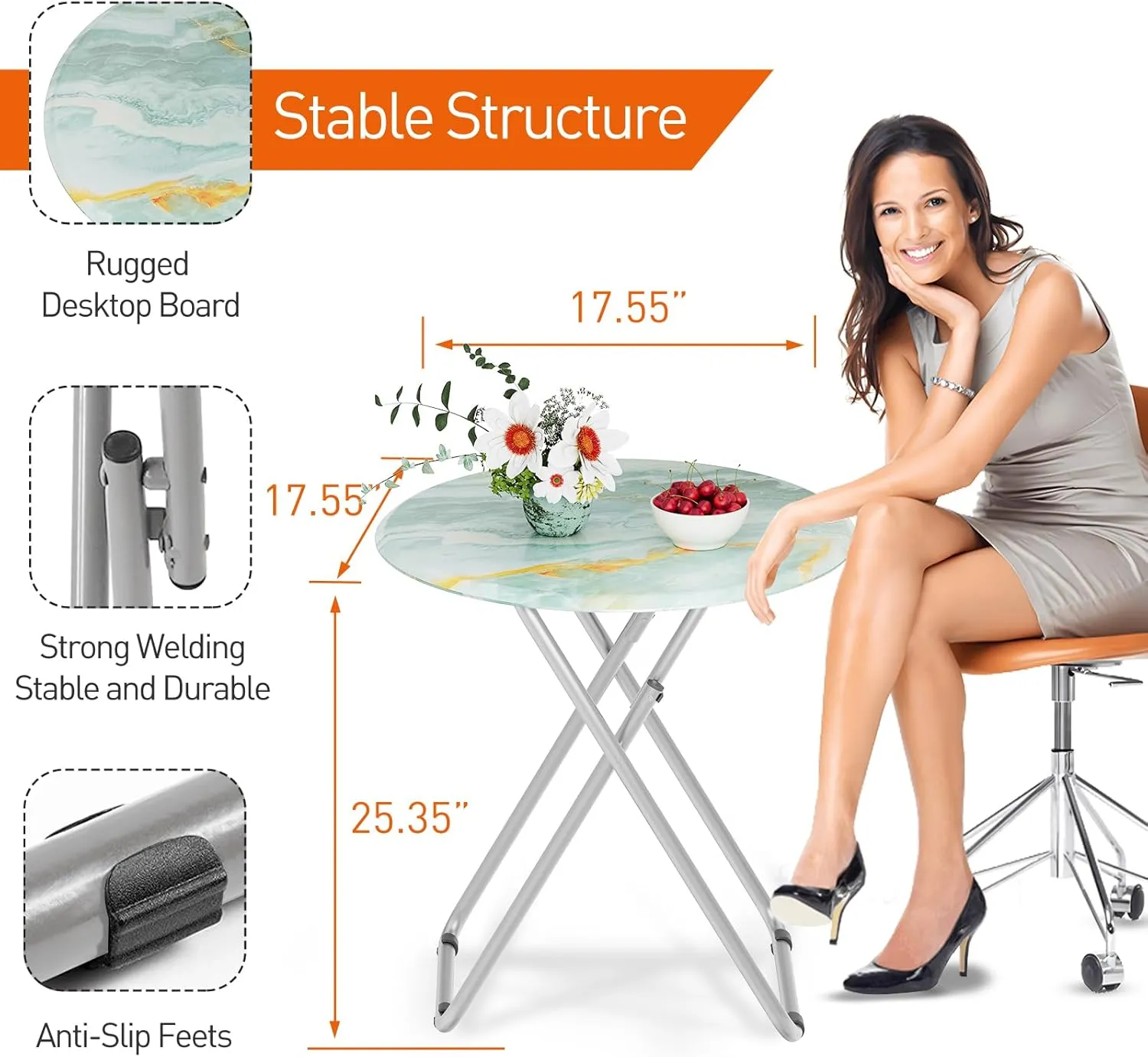 Folding TV Trays, Round Tray Table, Small Foldable Table with Light Weight, Portable Dinner Table for Eating, Snack Side Trays Table, 17.5 x 17.5 x 26 in (Ocean Blue Marble)