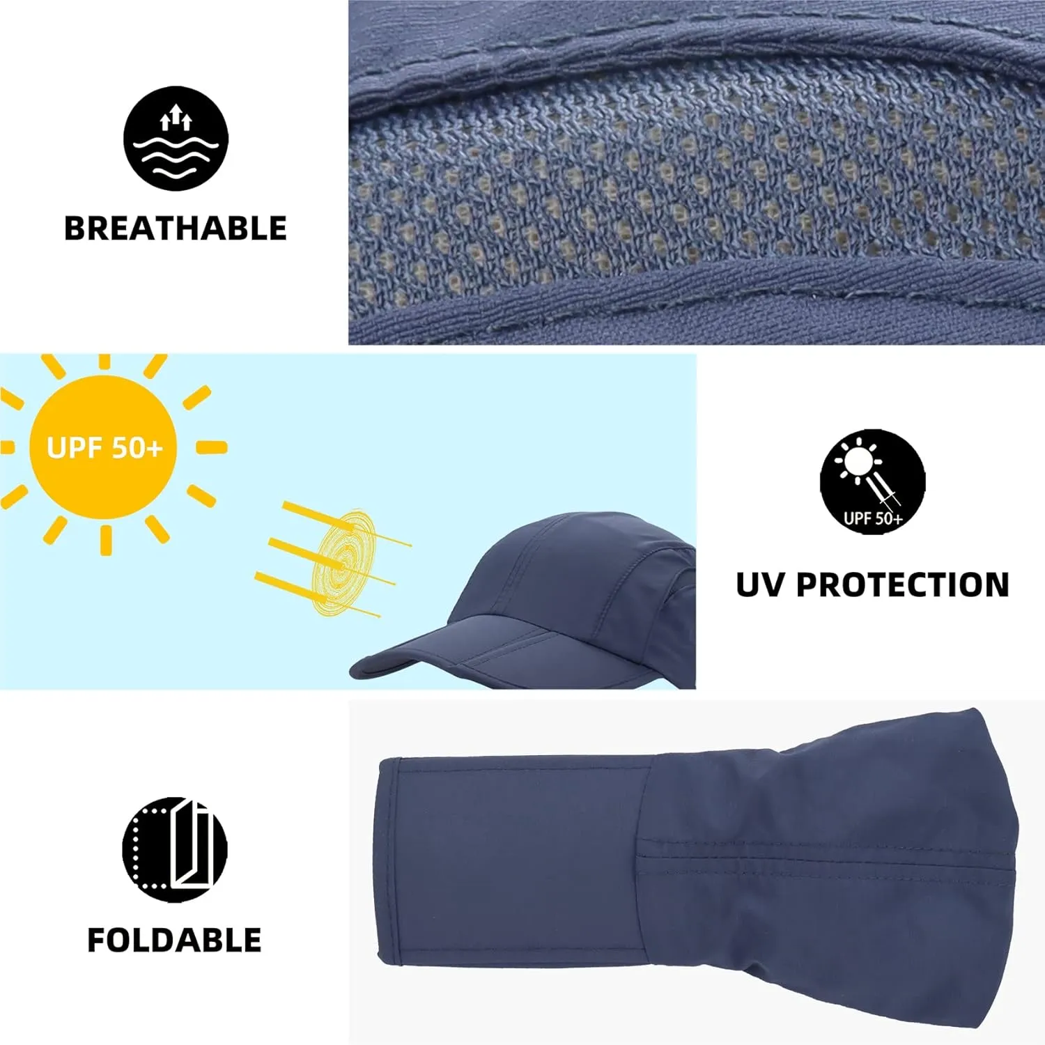 Folding UPF50  Sun Protection Hat, Quick Dry Baseball Cap Portable Adjustable Outdoor Sports Hats for Men, Women