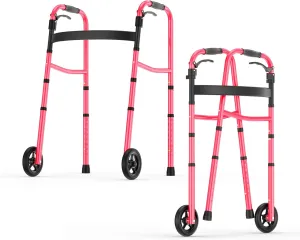 Folding Walkers for Seniors, Lightweight Walkers, Standard Walkers for Seniors and Adults, Supports up to 350 Pounds, Adjustable Height, Compact Rollator Walker, Pink