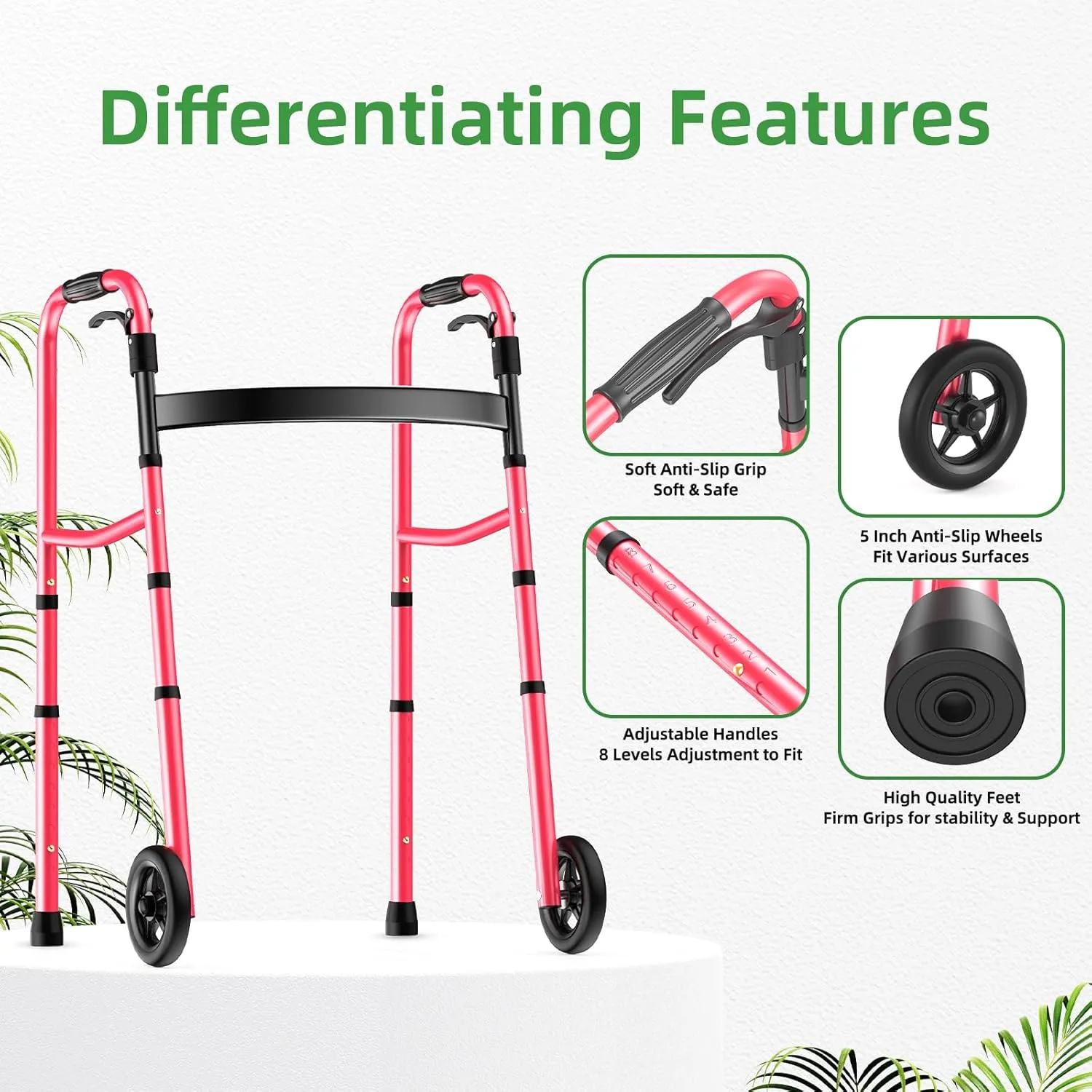 Folding Walkers for Seniors, Lightweight Walkers, Standard Walkers for Seniors and Adults, Supports up to 350 Pounds, Adjustable Height, Compact Rollator Walker, Pink