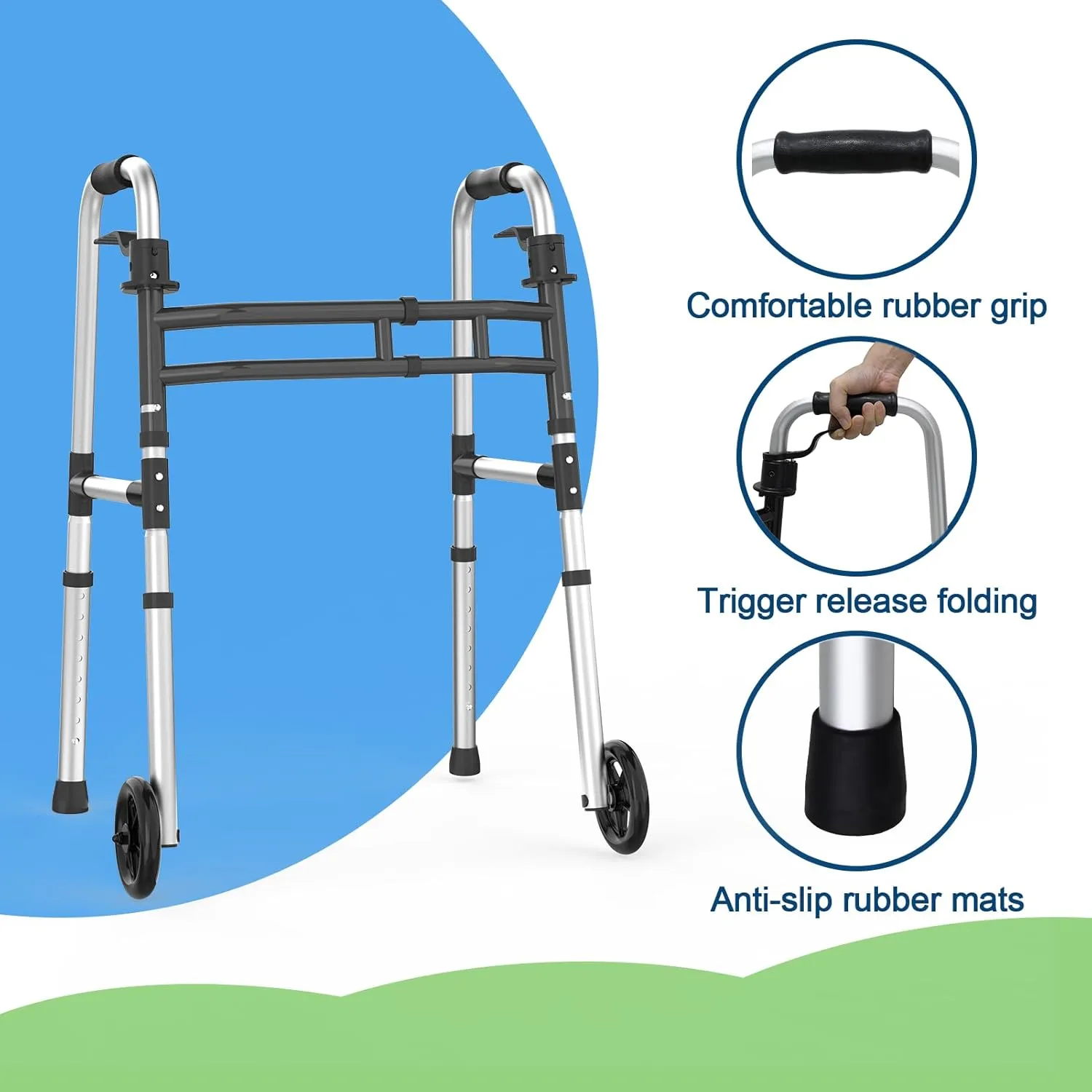Folding Walkers for Seniors，FSA/HSA Eligible Medical Bariatric Walker Lightweight 5'' Front Wheel Walker Height and Width Adjustable Aluminum Standard Walker for Handicap