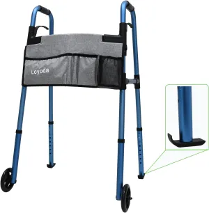 Folding Walkers for Seniors,FSA/HSA Eligible Medical Walker 5'' Front Wheel Lightweight Walker with Storage Bag and Skis Glides Height Adjustable Aluminum Compact Standard Walker （Blue）