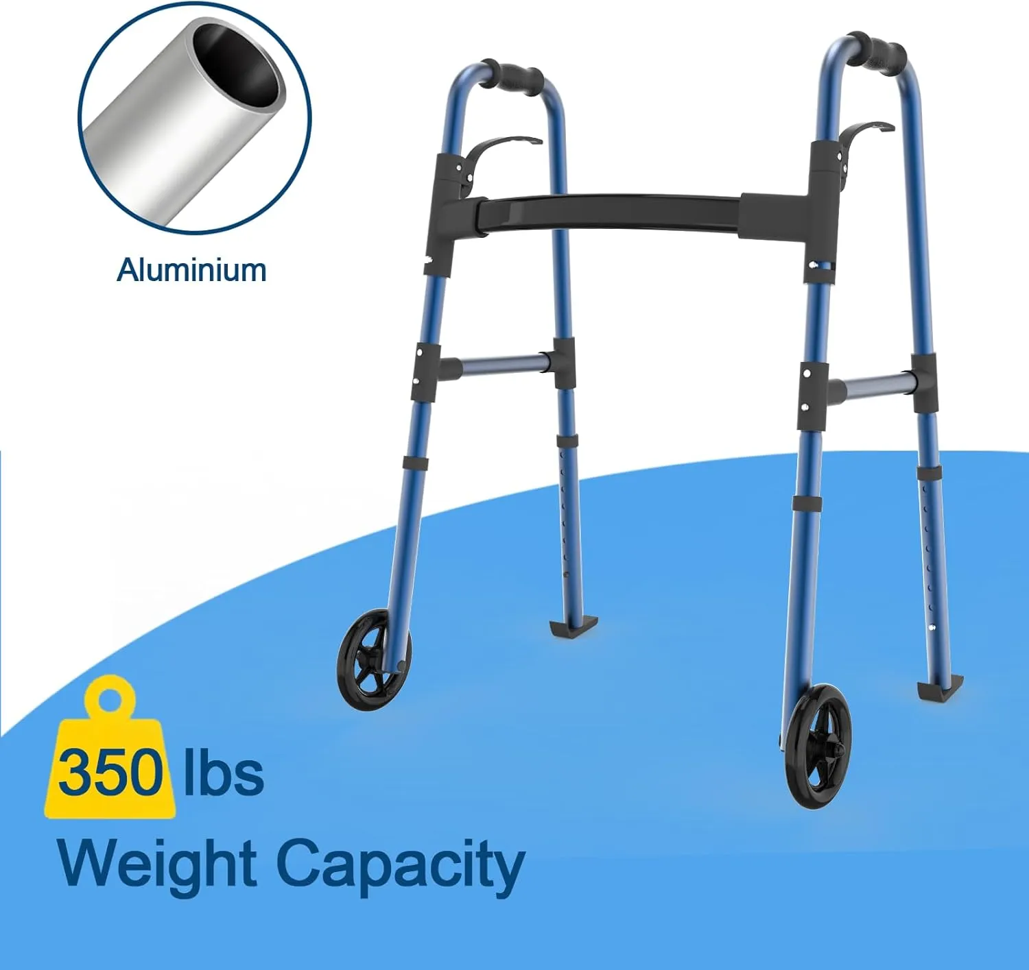 Folding Walkers for Seniors,FSA/HSA Eligible Medical Walker 5'' Front Wheel Lightweight Walker with Storage Bag and Skis Glides Height Adjustable Aluminum Compact Standard Walker （Blue）
