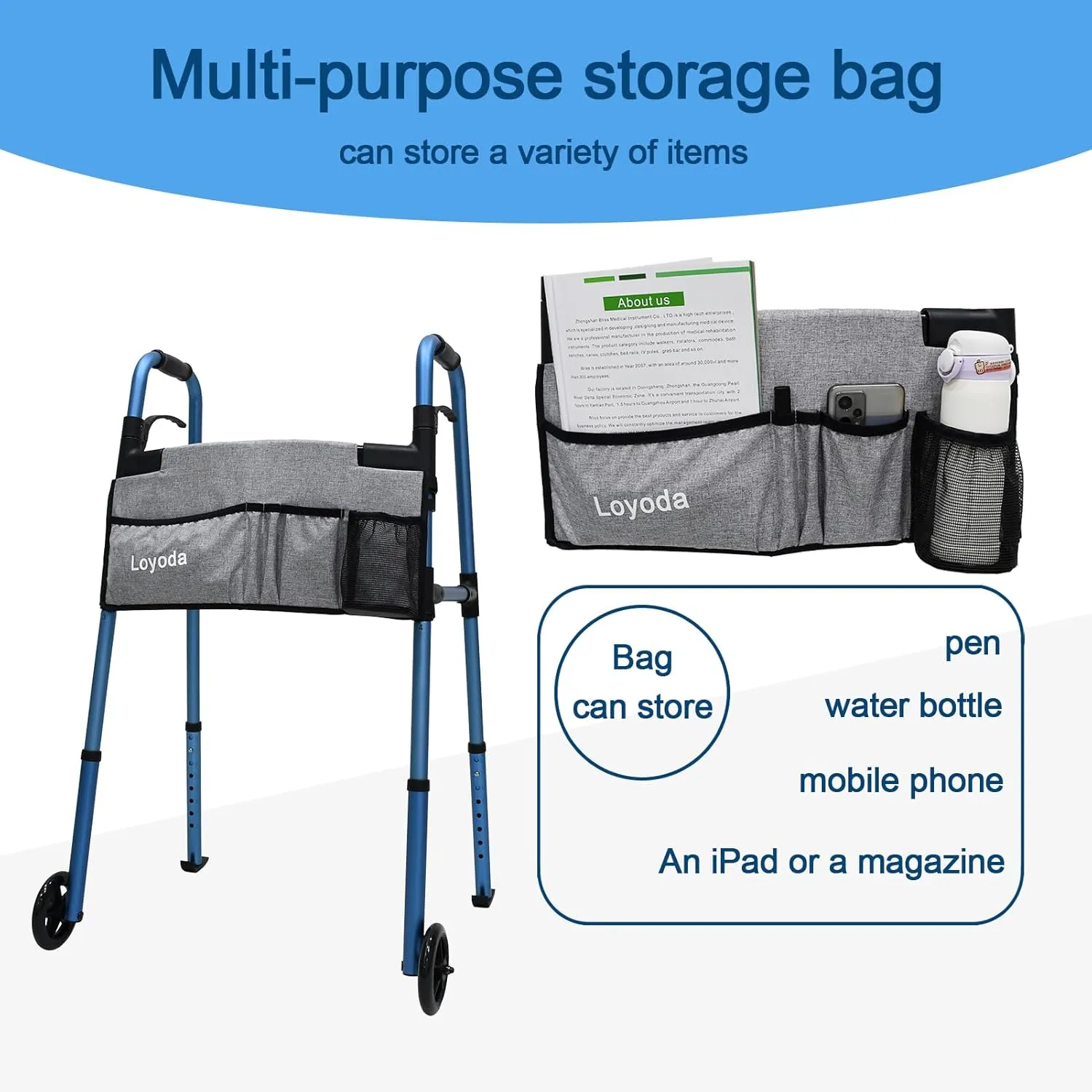 Folding Walkers for Seniors,FSA/HSA Eligible Medical Walker 5'' Front Wheel Lightweight Walker with Storage Bag and Skis Glides Height Adjustable Aluminum Compact Standard Walker （Blue）