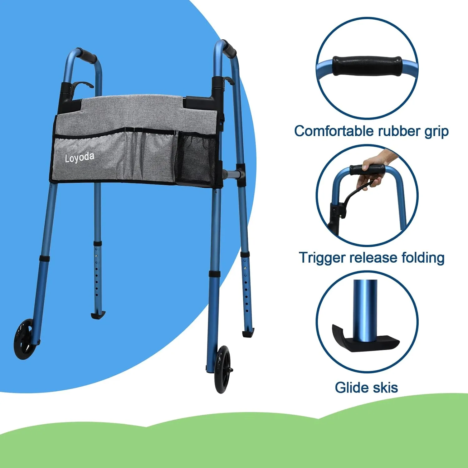 Folding Walkers for Seniors,FSA/HSA Eligible Medical Walker 5'' Front Wheel Lightweight Walker with Storage Bag and Skis Glides Height Adjustable Aluminum Compact Standard Walker （Blue）