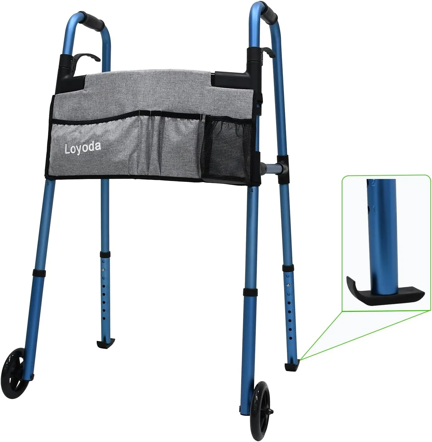 Folding Walkers for Seniors,FSA/HSA Eligible Medical Walker 5'' Front Wheel Lightweight Walker with Storage Bag and Skis Glides Height Adjustable Aluminum Compact Standard Walker （Blue）
