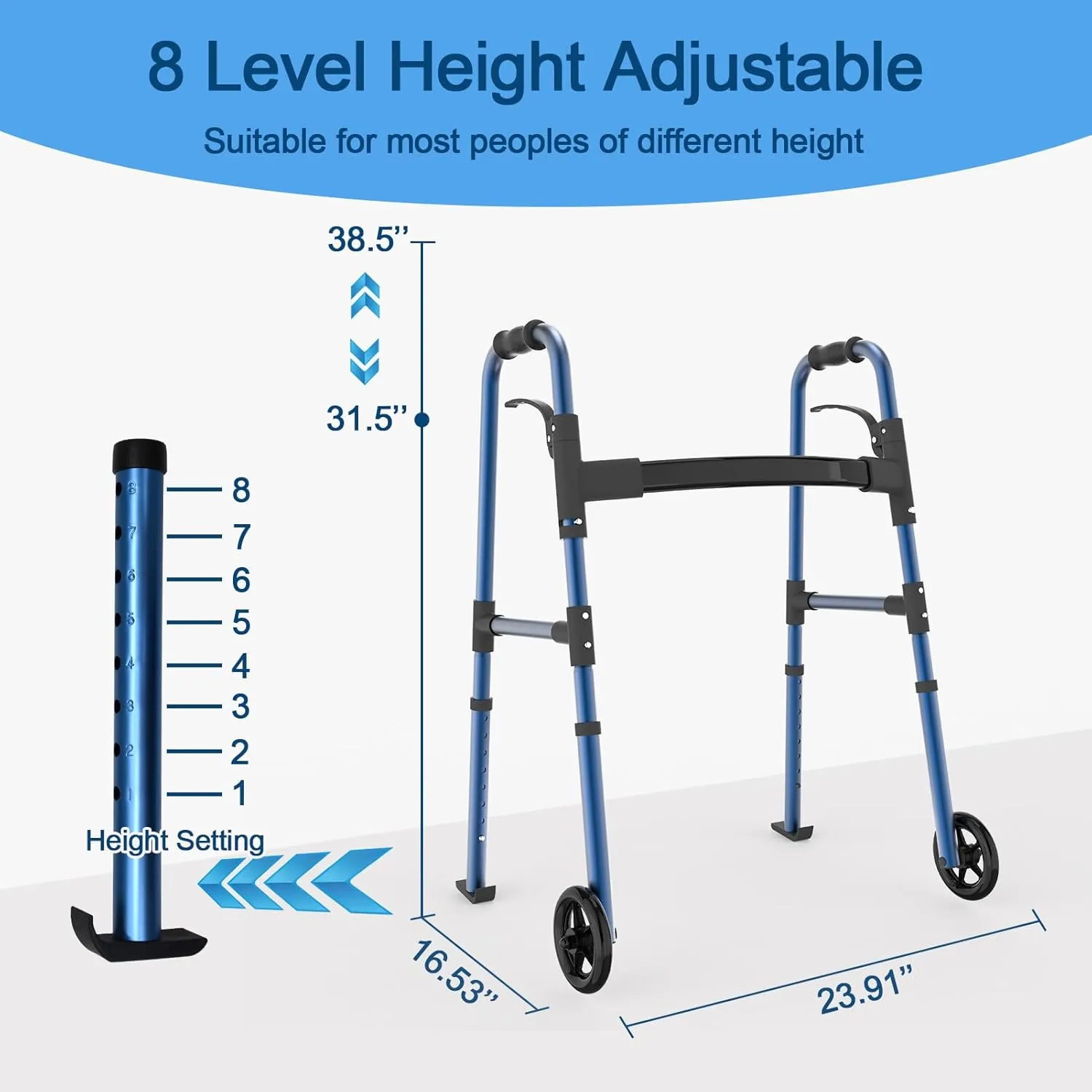 Folding Walkers for Seniors,FSA/HSA Eligible Medical Walker 5'' Front Wheel Lightweight Walker with Storage Bag and Skis Glides Height Adjustable Aluminum Compact Standard Walker （Blue）
